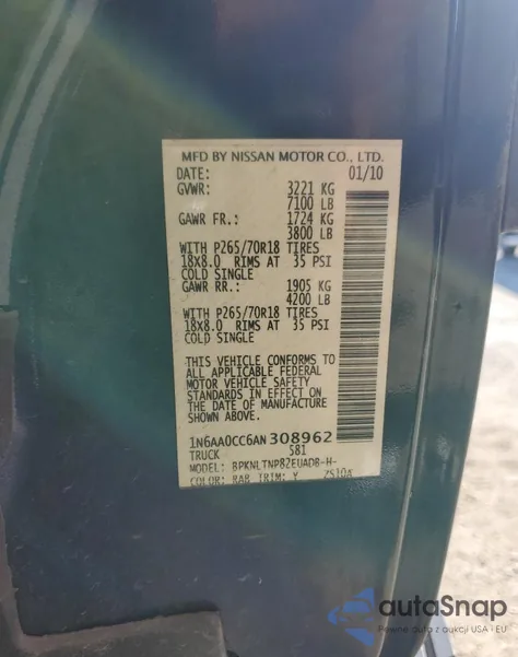 2010 Nissan Titan Xe z USA, uszkodzony, nr VIN 1N6AA0CC6AN308962